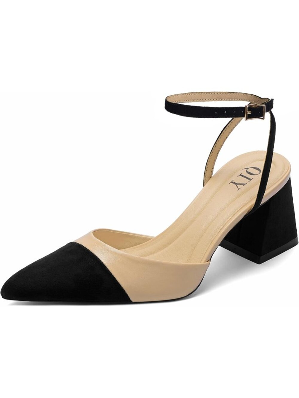 🆕Women Black Nude Pointed Toe Block Heels Chunky Ankle Strap Bridal Dress Pumps